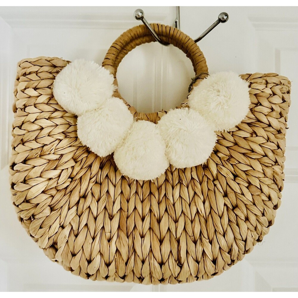 Straw Pom Poms Tote Bag Purse Summer Beach Bride Honeymoon Purse Seagrass Rattan